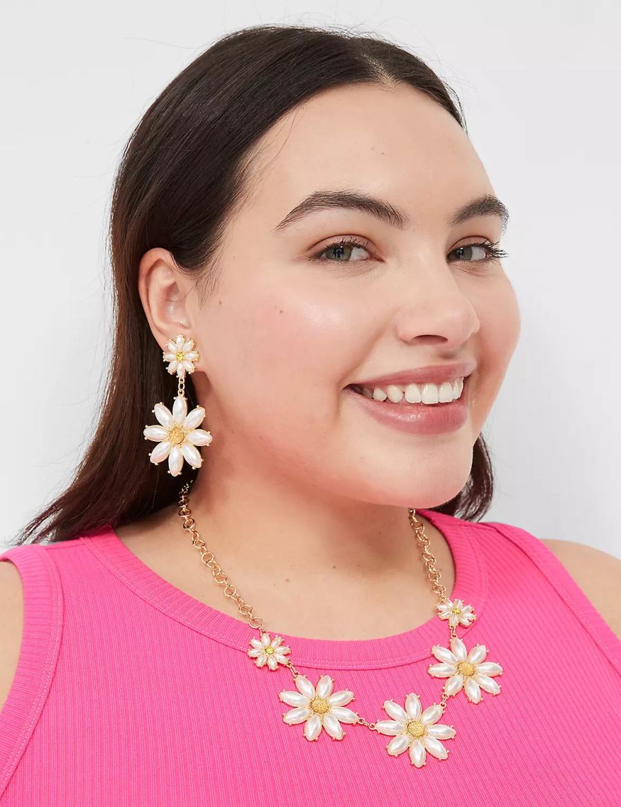 Women Lane Bryant Floral Pearlized Statement Necklace Gold | YIO9931BN