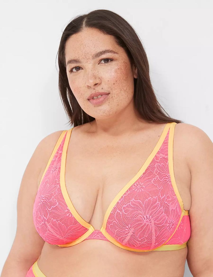 Women Lane Bryant Flower Lace High Apex Unlined Bra Pink | NBY4014EJ