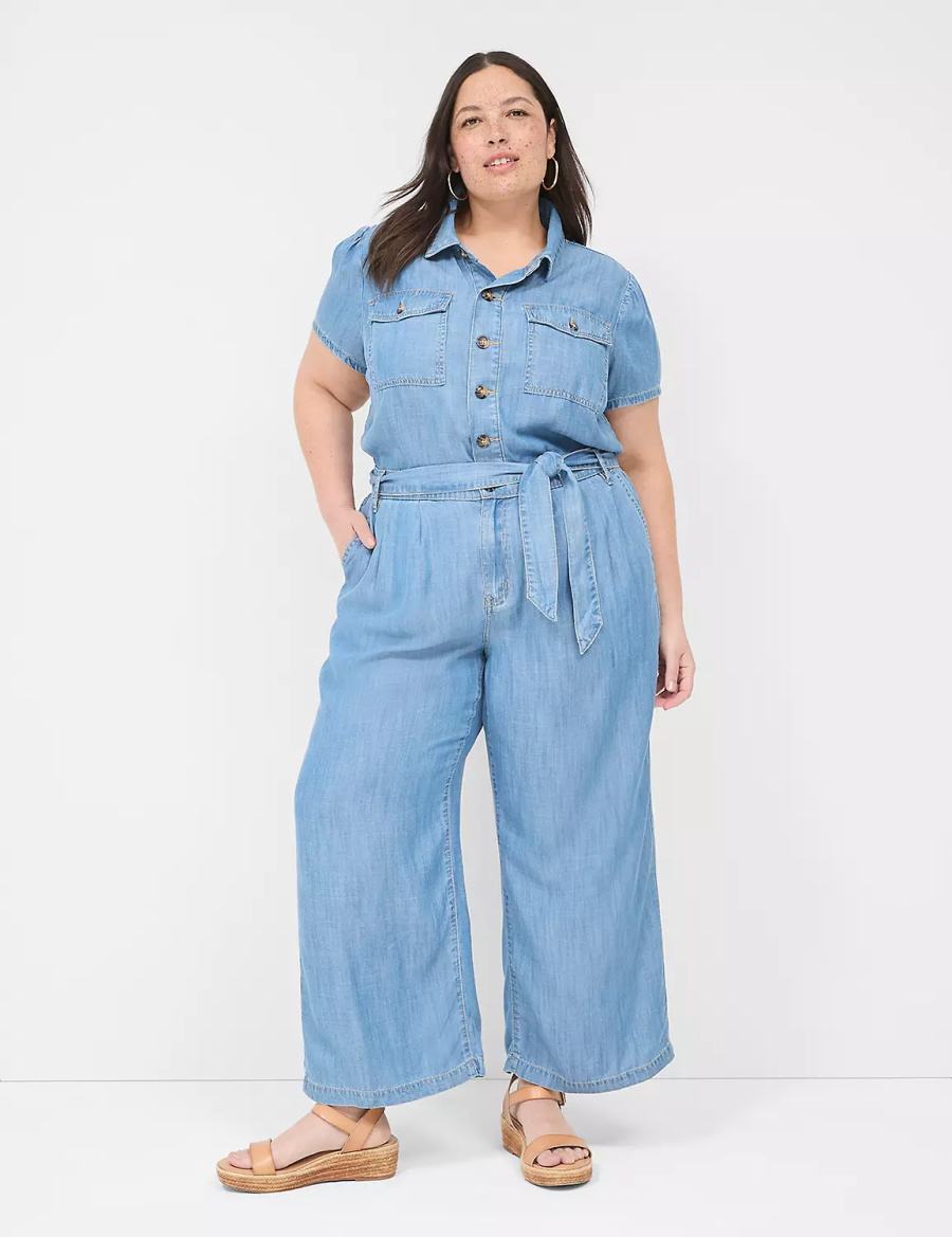 Women Lane Bryant Fluid Denim Jumpsuit Light Blue | EWG712BO