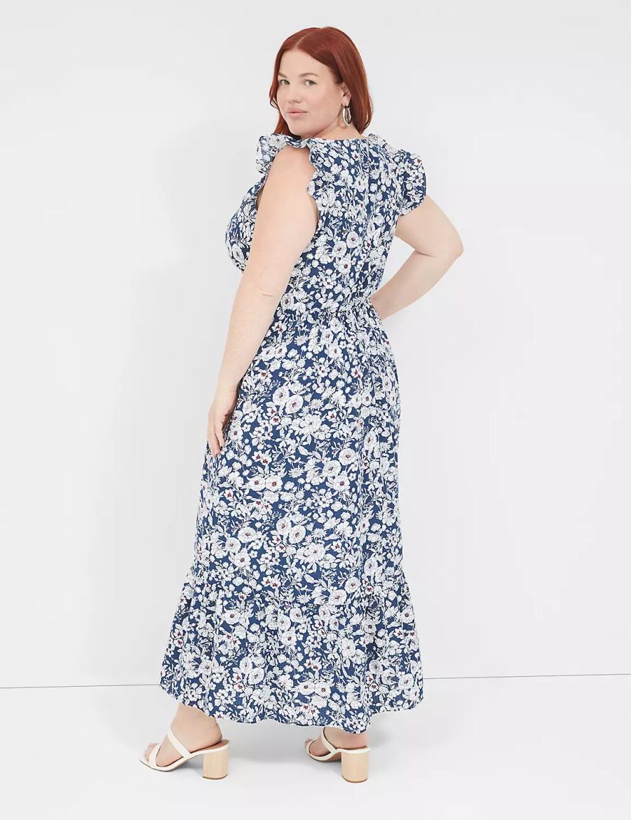 Women Lane Bryant Flutter-Sleeve Button-Front Maxi Dress Blue | YLU3267BG