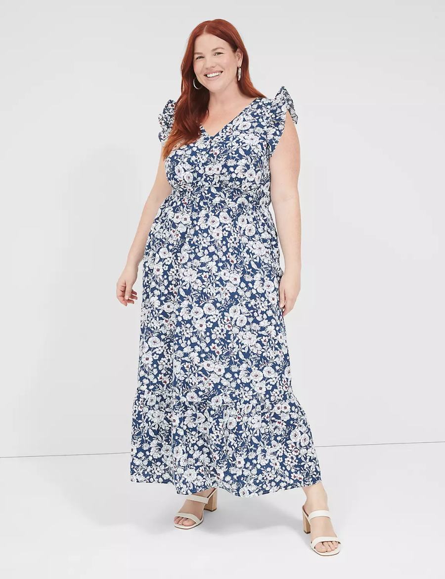 Women Lane Bryant Flutter-Sleeve Button-Front Maxi Dress Blue | YLU3267BG