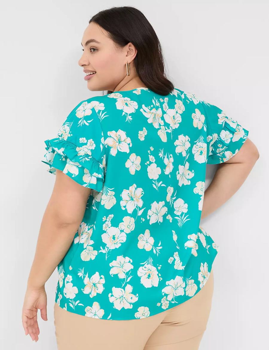 Women Lane Bryant Flutter-Sleeve Crew-Neck Top T Shirts Turquoise | OFS2541RM