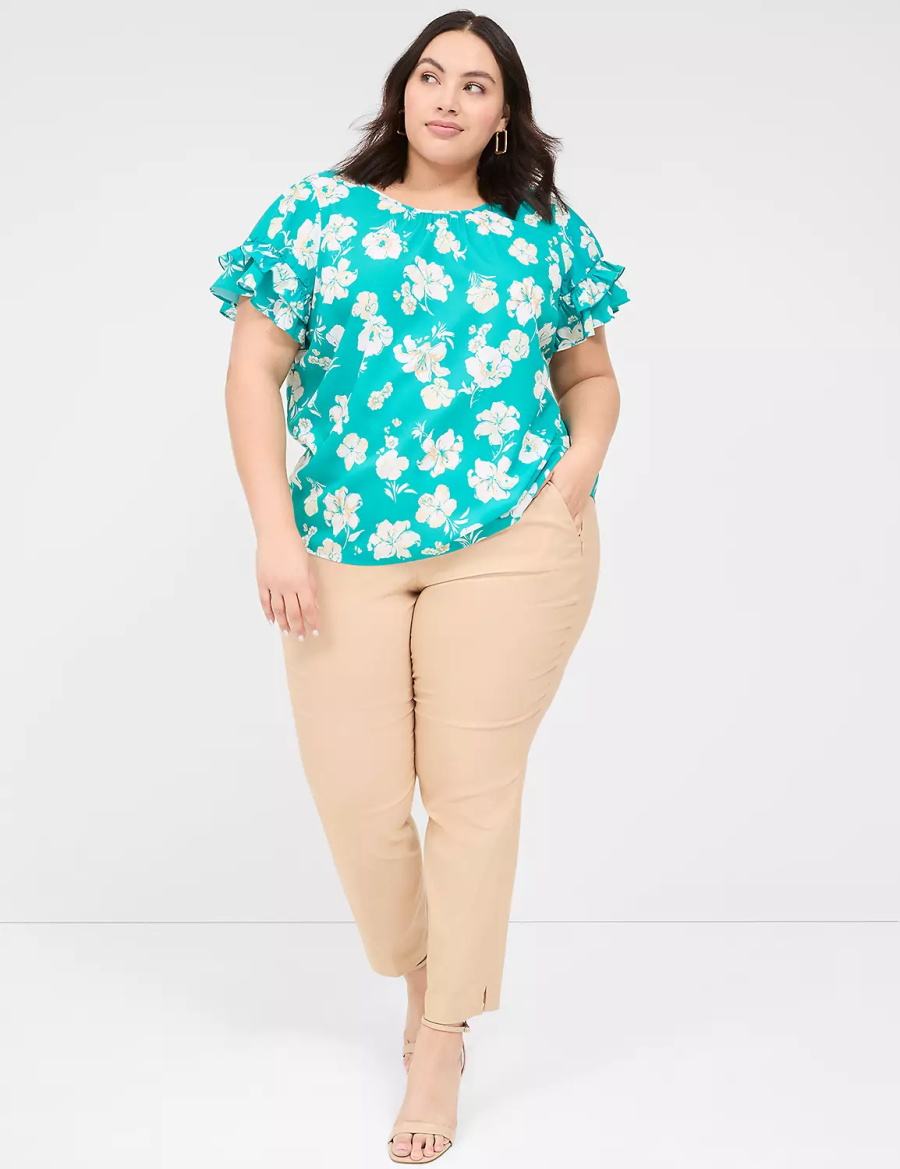 Women Lane Bryant Flutter-Sleeve Crew-Neck Top T Shirts Turquoise | OFS2541RM