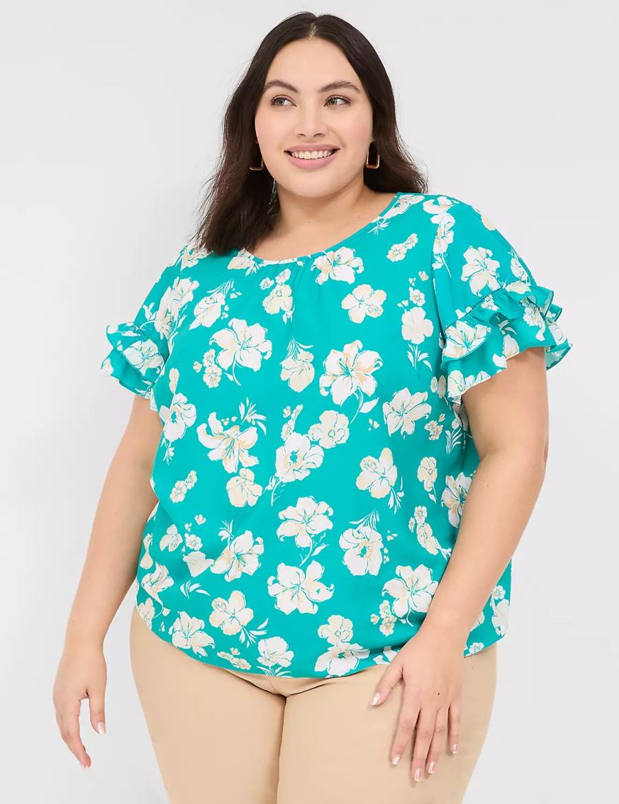 Women Lane Bryant Flutter-Sleeve Crew-Neck Top T Shirts Turquoise | OFS2541RM