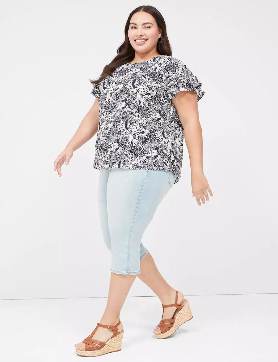 Women Lane Bryant Flutter-Sleeve Crew-Neck Top T Shirts Navy Cream | KNV2267PX