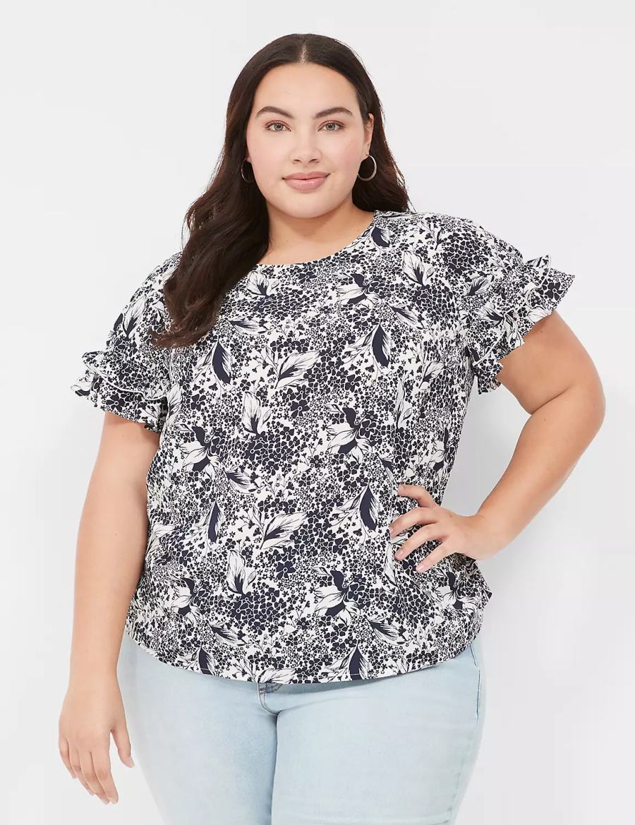 Women Lane Bryant Flutter-Sleeve Crew-Neck Top T Shirts Navy Cream | KNV2267PX