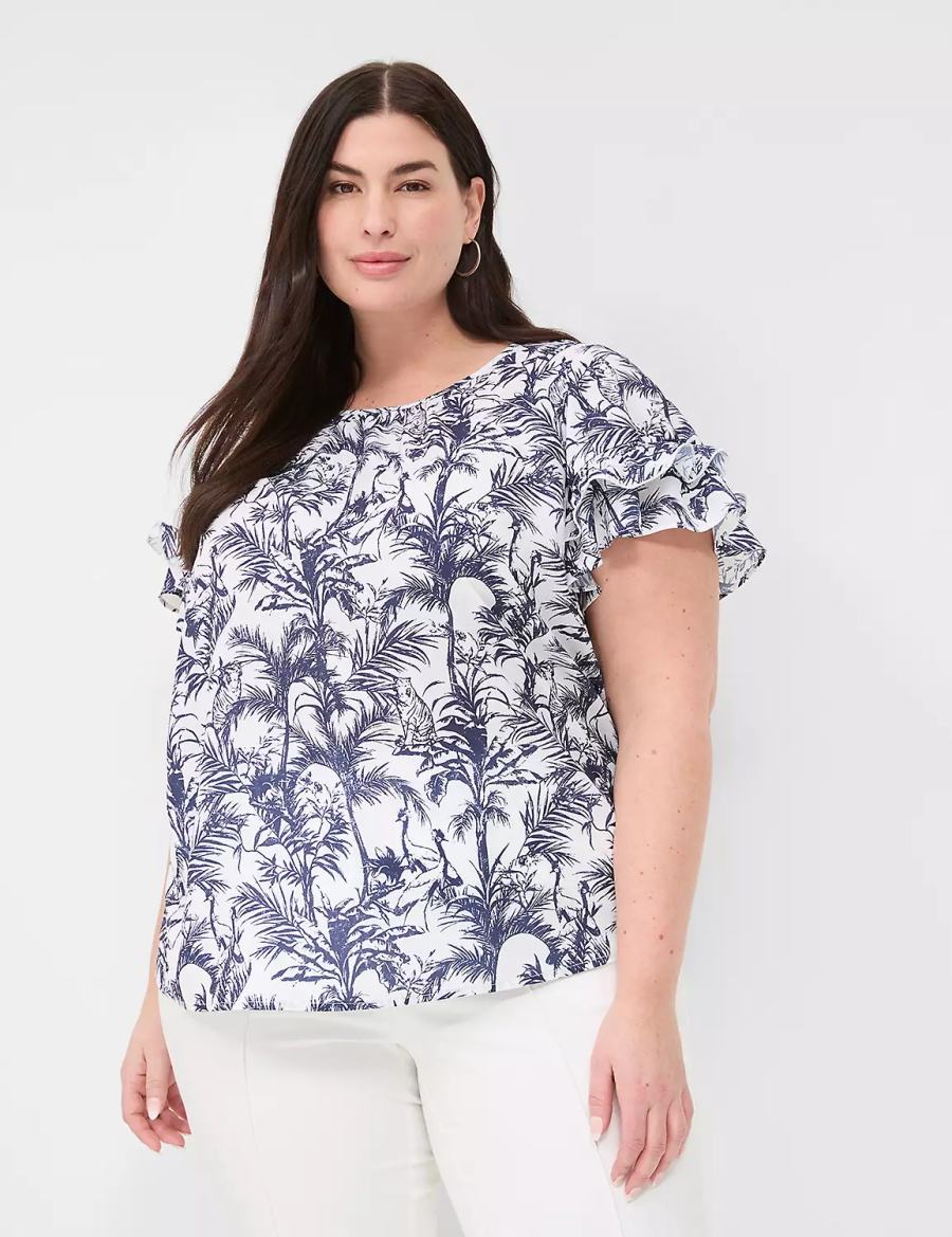 Women Lane Bryant Flutter-Sleeve Crew-Neck Top T Shirts Navy | FGP1722FU