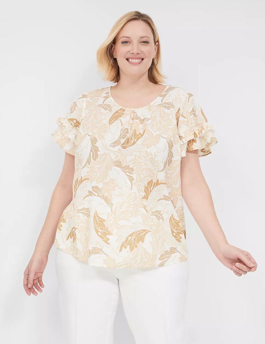 Women Lane Bryant Flutter-Sleeve Crew-Neck Top T Shirts Brown Multicolor | GTV6367VW