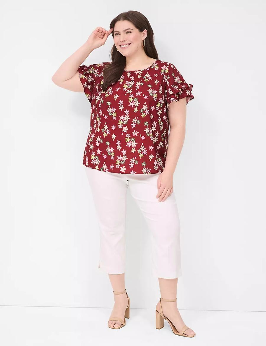 Women Lane Bryant Flutter-Sleeve Crew-Neck Top T Shirts Red Multicolor | XWI742GE