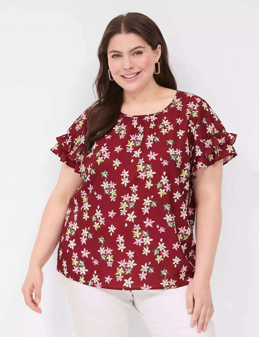 Women Lane Bryant Flutter-Sleeve Crew-Neck Top T Shirts Red Multicolor | XWI742GE