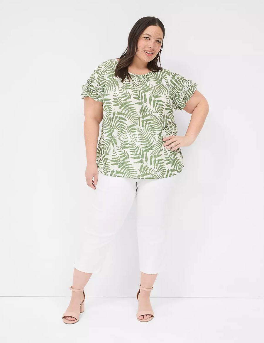 Women Lane Bryant Flutter-Sleeve Crew-Neck Top T Shirts Green | ZEK1377PA