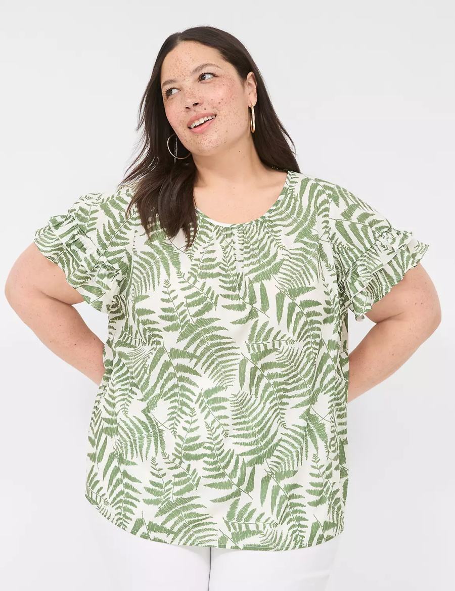 Women Lane Bryant Flutter-Sleeve Crew-Neck Top T Shirts Green | ZEK1377PA