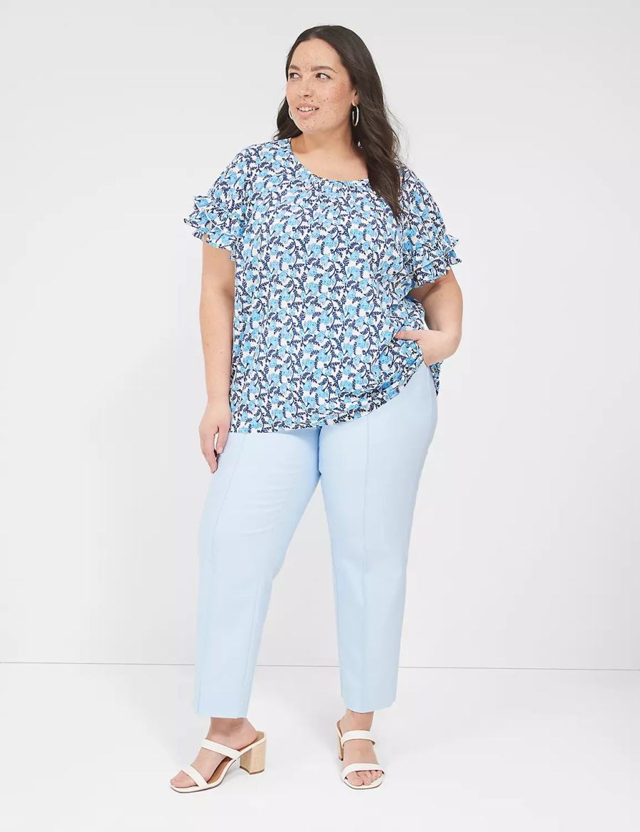 Women Lane Bryant Flutter-Sleeve Crew-Neck Top T Shirts Blue | PXO3548XQ