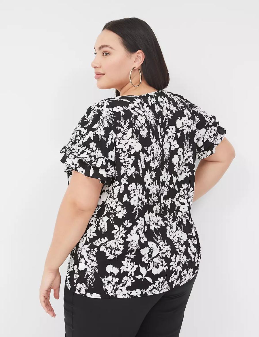 Women Lane Bryant Flutter-Sleeve Crew-Neck Top T Shirts Black | DBH8996PL