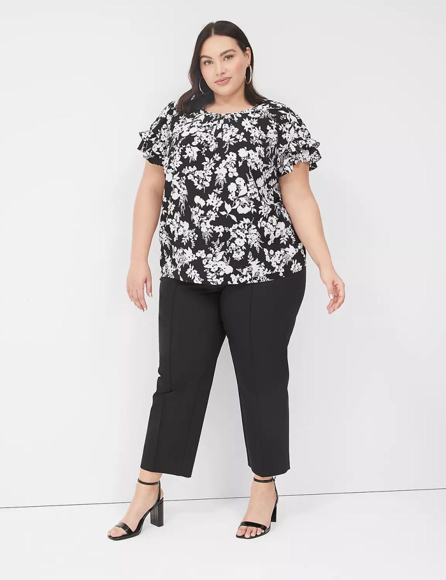 Women Lane Bryant Flutter-Sleeve Crew-Neck Top T Shirts Black | DBH8996PL