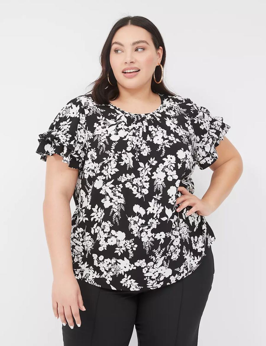 Women Lane Bryant Flutter-Sleeve Crew-Neck Top T Shirts Black | DBH8996PL