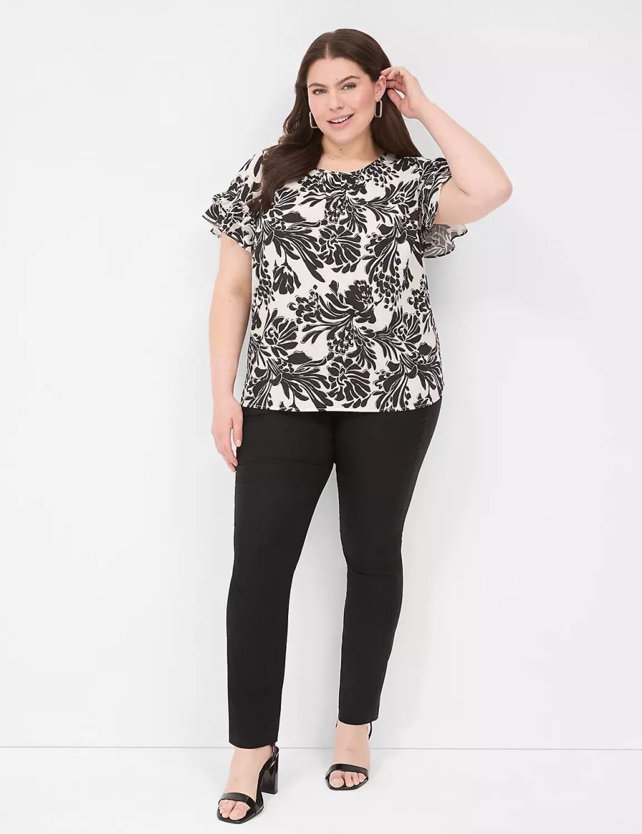 Women Lane Bryant Flutter-Sleeve Crew-Neck Top T Shirts Black | RFA1622OL