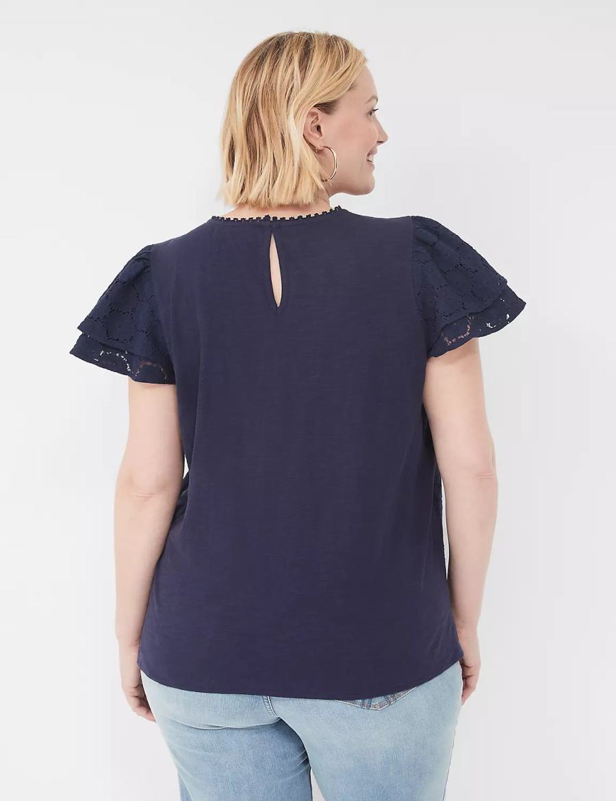 Women Lane Bryant Flutter-Sleeve Crew-Neck Blouse Blue | AIB4396WV