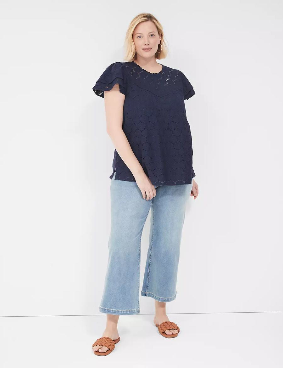 Women Lane Bryant Flutter-Sleeve Crew-Neck Blouse Blue | AIB4396WV