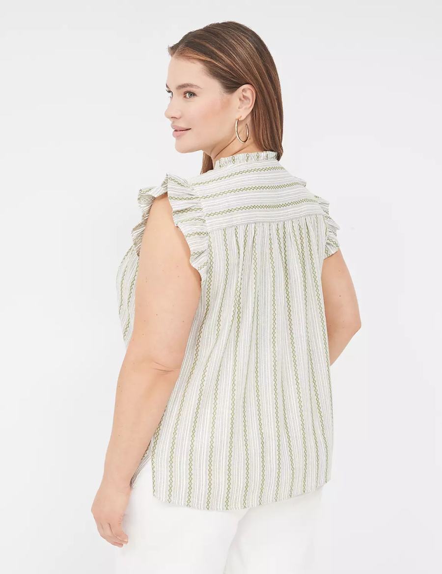 Women Lane Bryant Flutter-Sleeve Ruffle-Neck Blouse Green Stripes | CLG6559HK