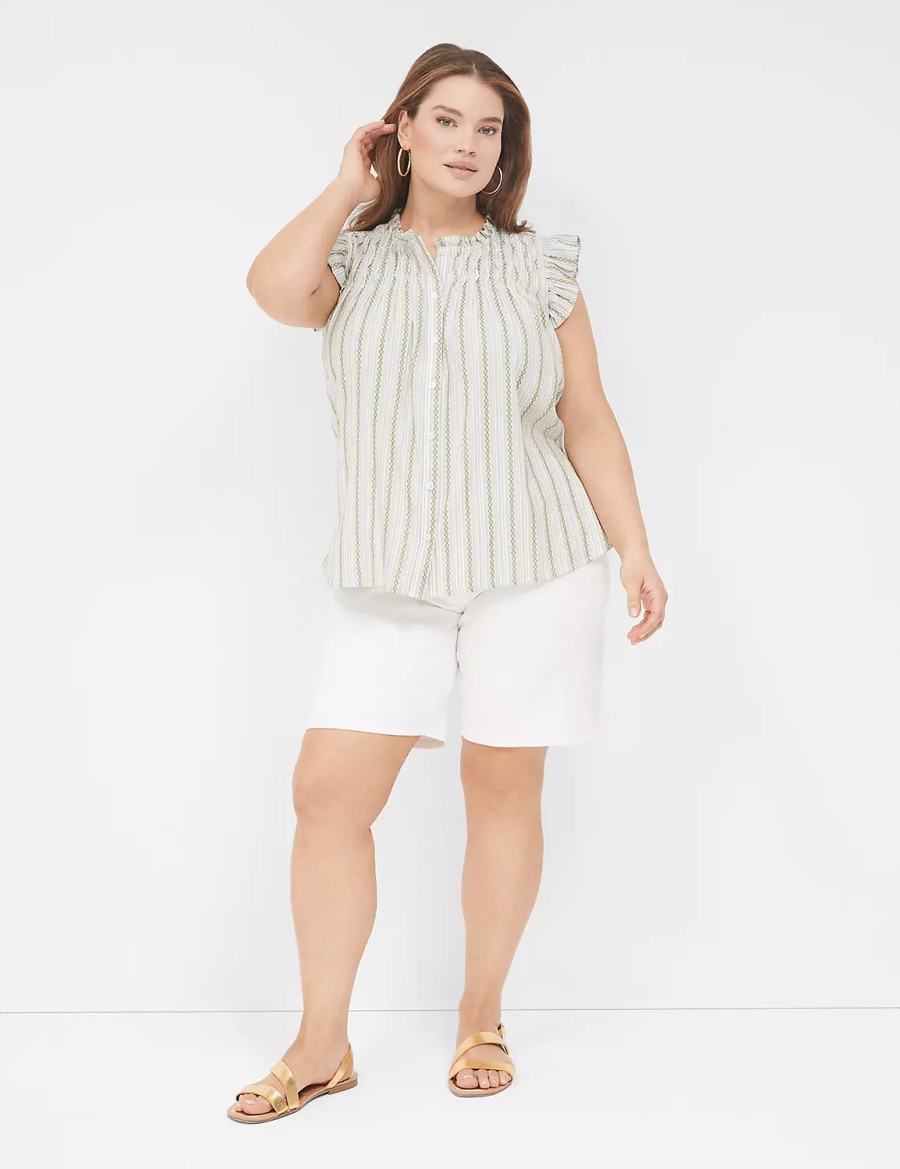 Women Lane Bryant Flutter-Sleeve Ruffle-Neck Blouse Green Stripes | CLG6559HK