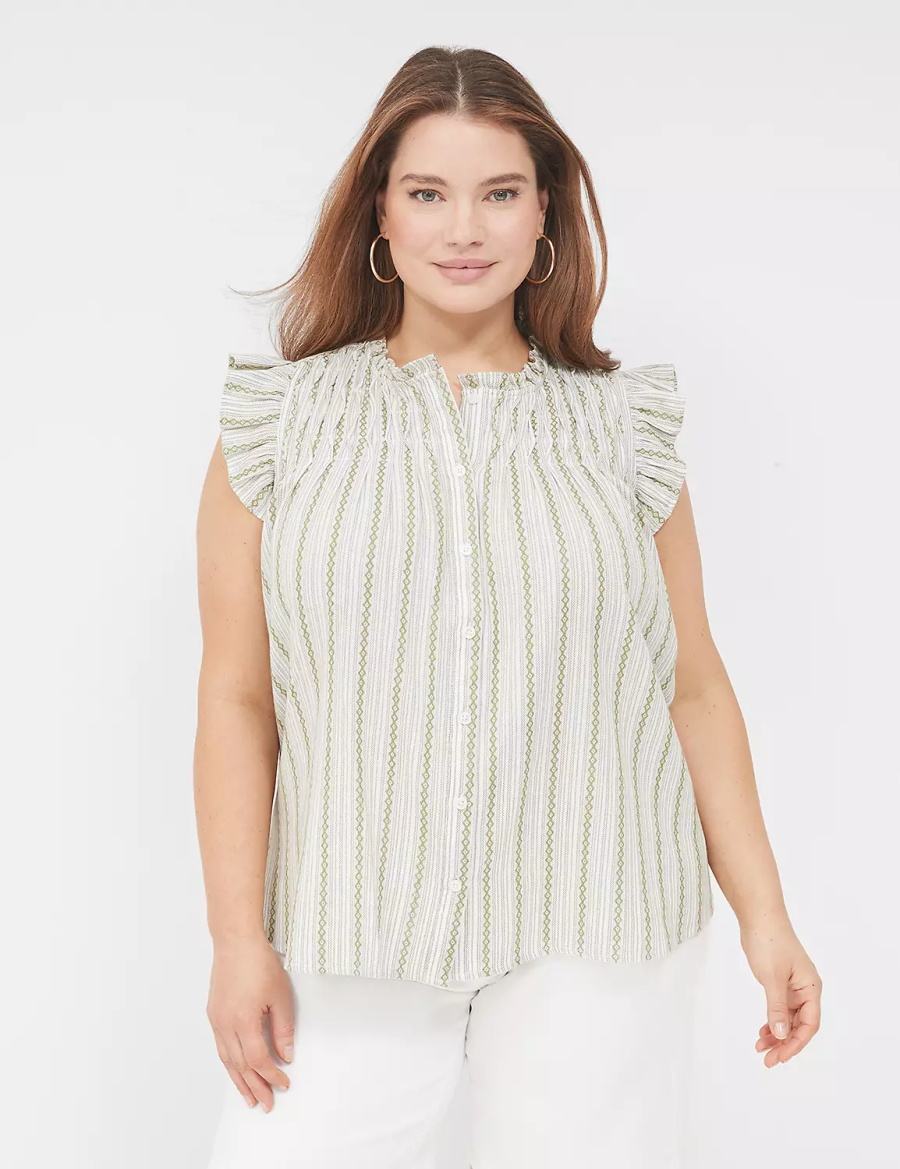 Women Lane Bryant Flutter-Sleeve Ruffle-Neck Blouse Green Stripes | CLG6559HK