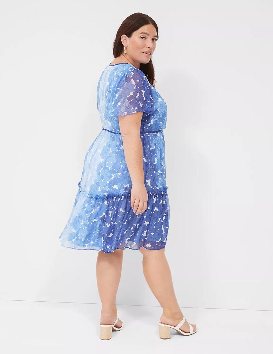 Women Lane Bryant Flutter-Sleeve Ruffle-Tier Casual Dress Blue | TDT927NS