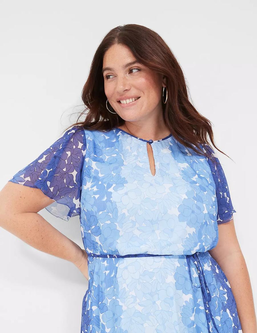 Women Lane Bryant Flutter-Sleeve Ruffle-Tier Casual Dress Blue | TDT927NS