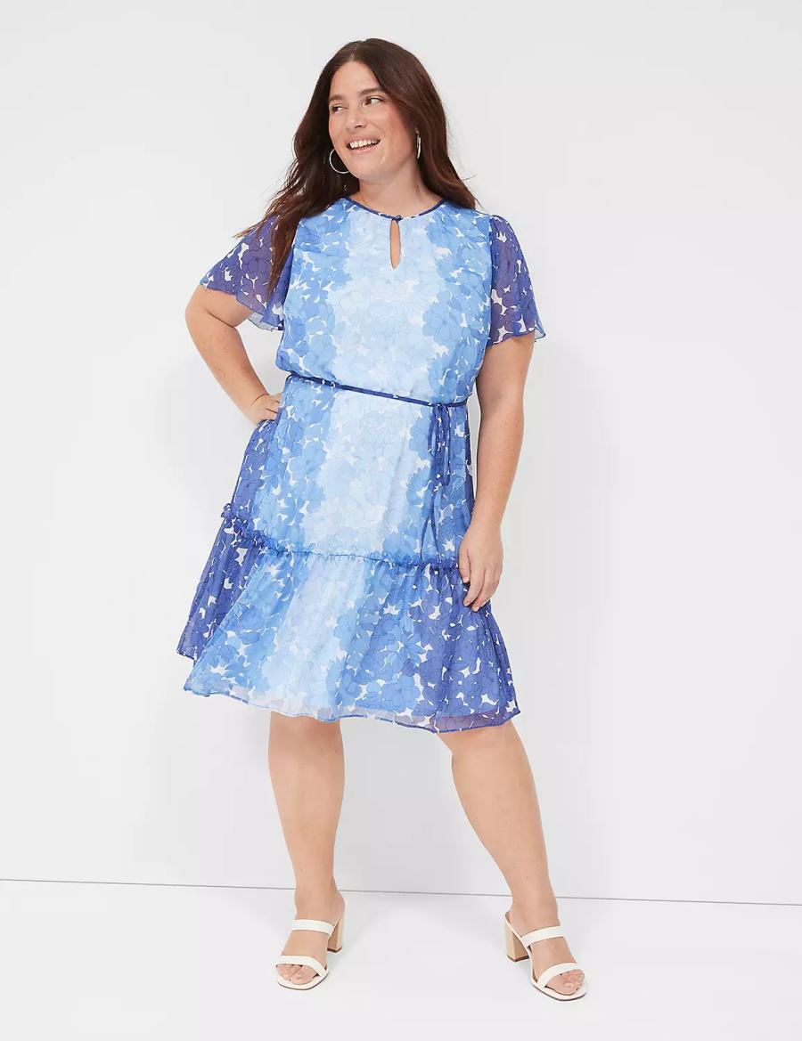 Women Lane Bryant Flutter-Sleeve Ruffle-Tier Casual Dress Blue | TDT927NS