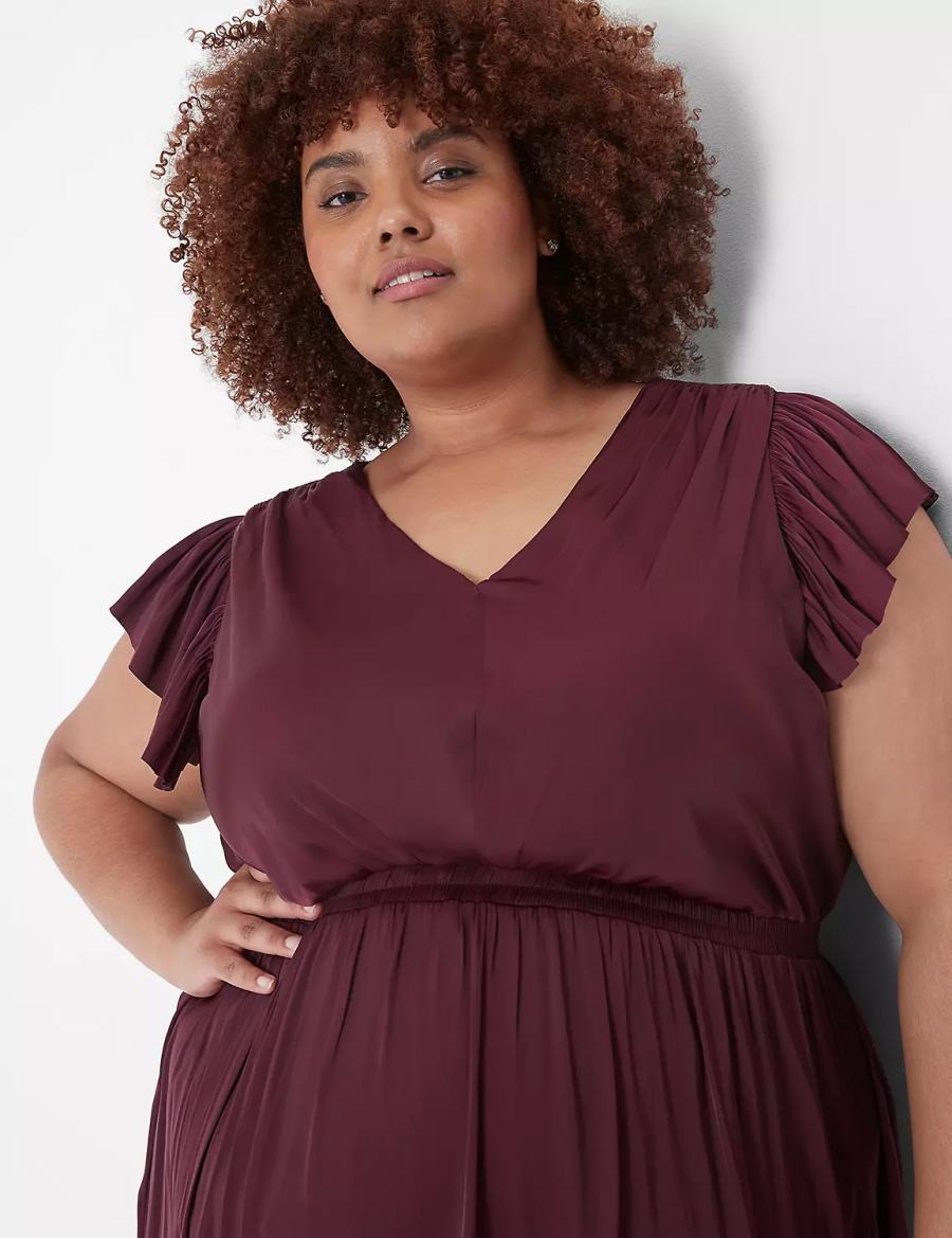 Women Lane Bryant Flutter-Sleeve Shirred Midi Dress Burgundy | FSA134KF