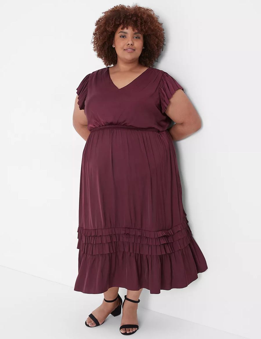 Women Lane Bryant Flutter-Sleeve Shirred Midi Dress Burgundy | FSA134KF