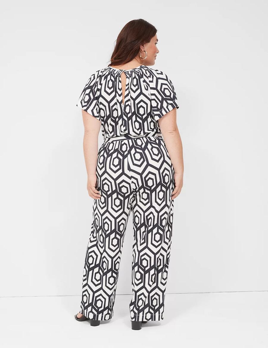 Women Lane Bryant Flutter-Sleeve Smocked-Neck Wide Leg Jumpsuit Navy | BKP1870NE