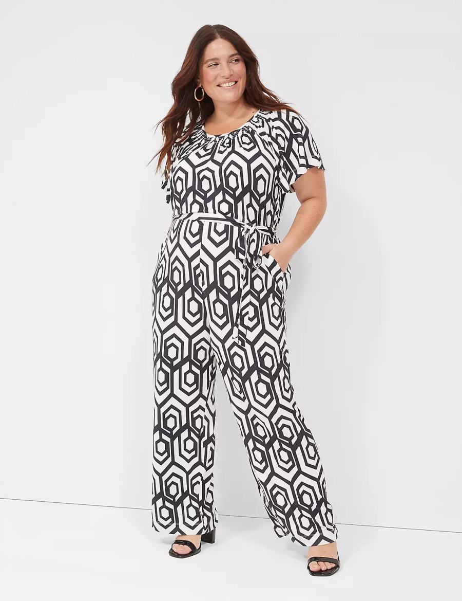 Women Lane Bryant Flutter-Sleeve Smocked-Neck Wide Leg Jumpsuit Navy | BKP1870NE