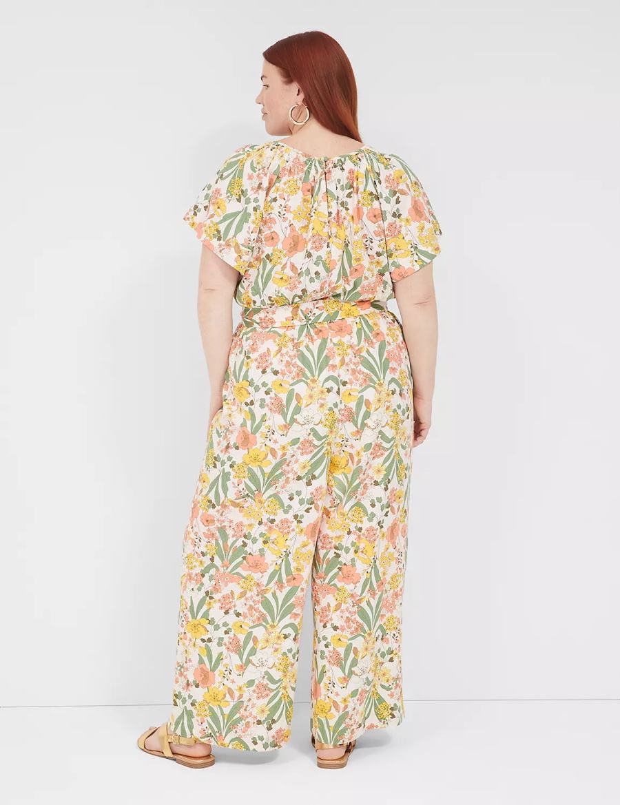 Women Lane Bryant Flutter-Sleeve Smocked-Neck Wide Leg Jumpsuit Yellow Multicolor | RMS3638RG