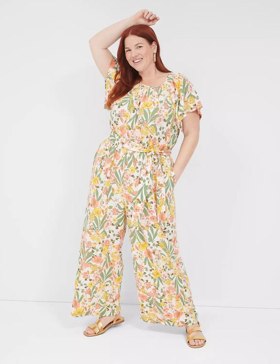 Women Lane Bryant Flutter-Sleeve Smocked-Neck Wide Leg Jumpsuit Yellow Multicolor | RMS3638RG