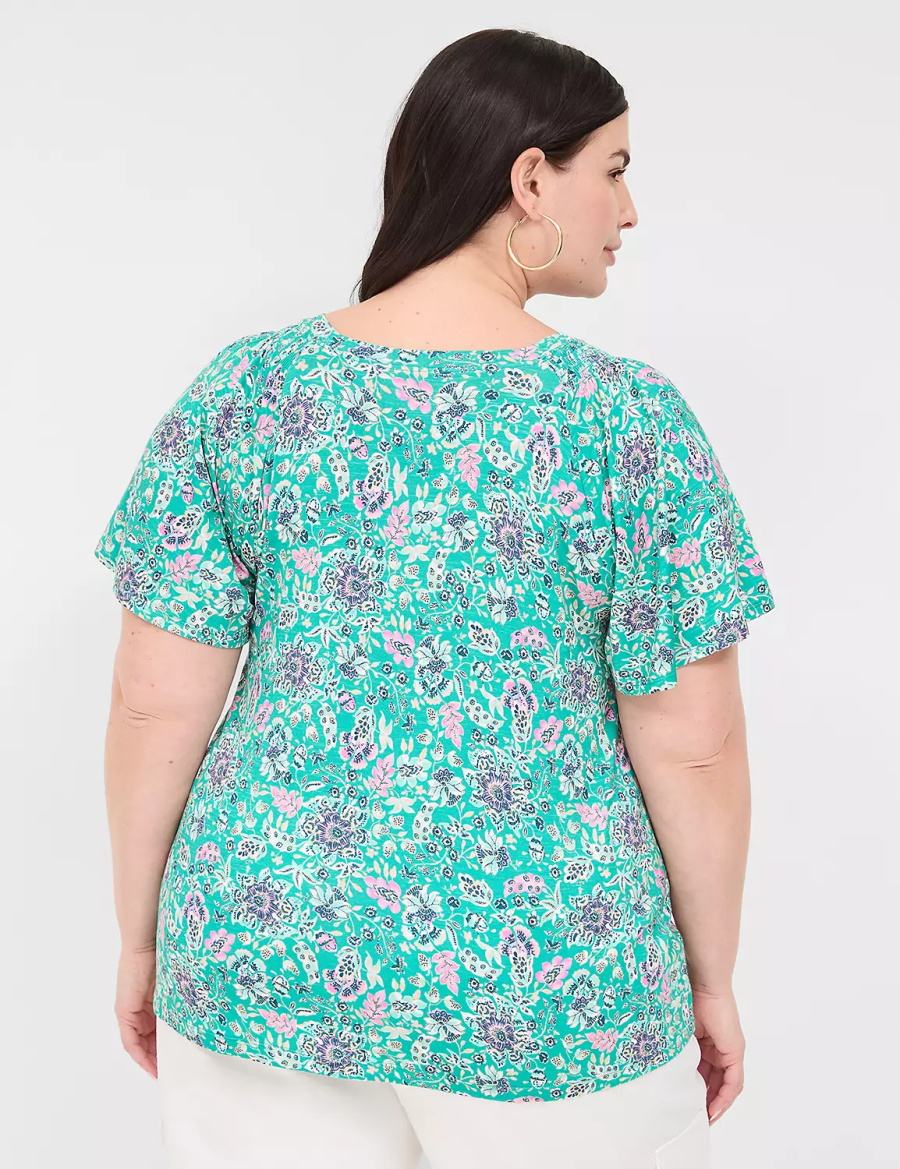 Women Lane Bryant Flutter-Sleeve Smocked Top T Shirts Light Turquoise | ZYM7087YT