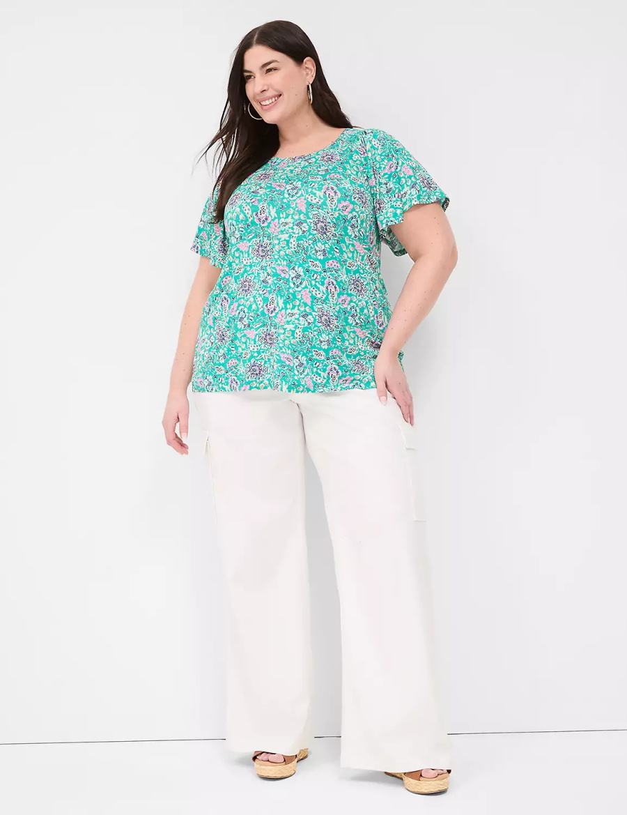 Women Lane Bryant Flutter-Sleeve Smocked Top T Shirts Light Turquoise | ZYM7087YT