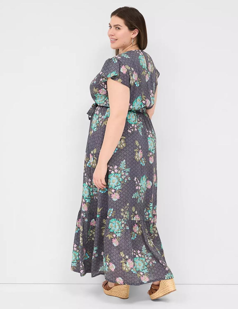 Women Lane Bryant Flutter-Sleeve Surplice-Neck Maxi Dress Black Green | ELU5350KX