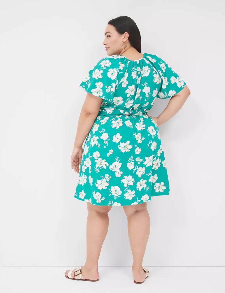 Women Lane Bryant Flutter-Sleeve Tie-Waist Casual Dress Turquoise | JHA9886AG