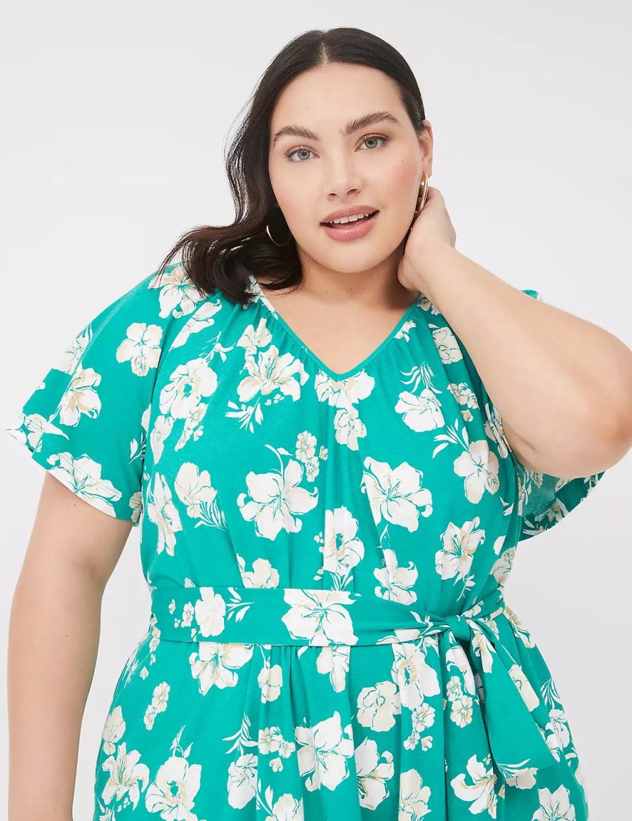 Women Lane Bryant Flutter-Sleeve Tie-Waist Casual Dress Turquoise | JHA9886AG