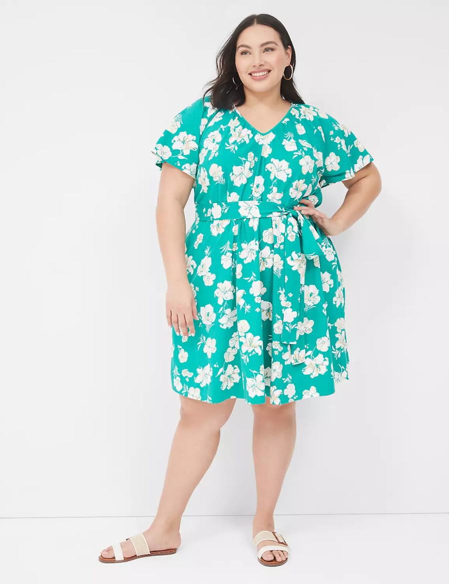 Women Lane Bryant Flutter-Sleeve Tie-Waist Casual Dress Turquoise | JHA9886AG