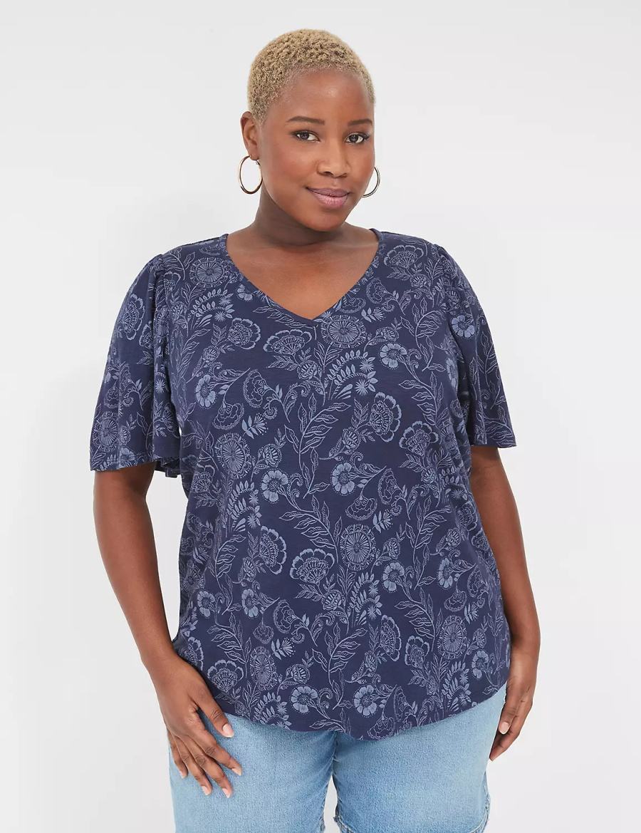 Women Lane Bryant Flutter-Sleeve V-Neck Top T Shirts Navy | XGH6073VR