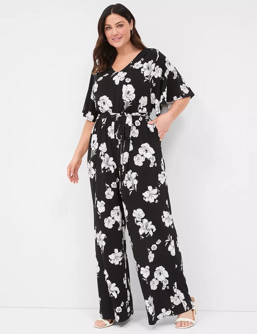 Women Lane Bryant Flutter-Sleeve Wide Leg Jersey Jumpsuit Black | CTQ8336BG