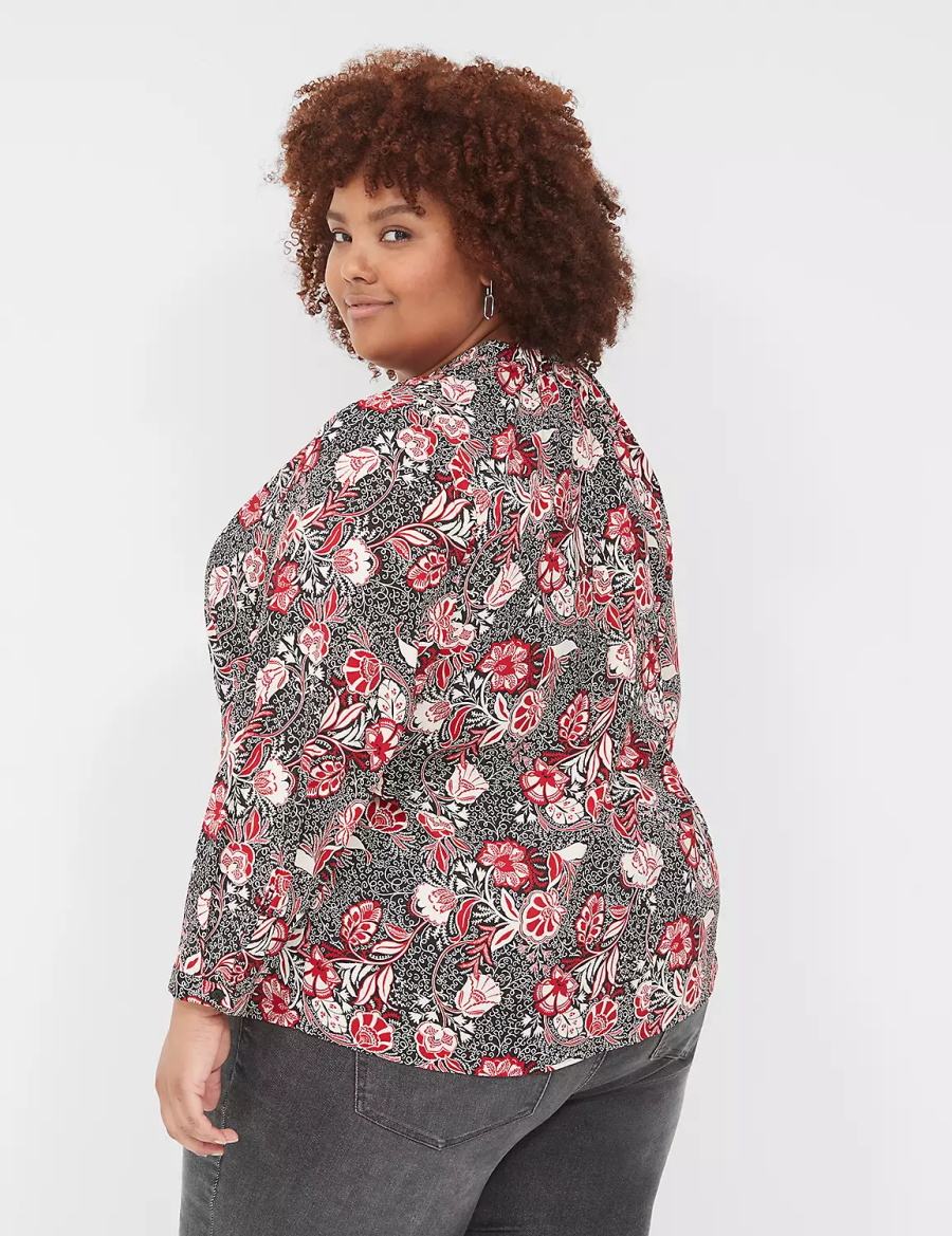 Women Lane Bryant Gathered Ruffle V-Neck Popover Shirts Red Black | QWL118ZW