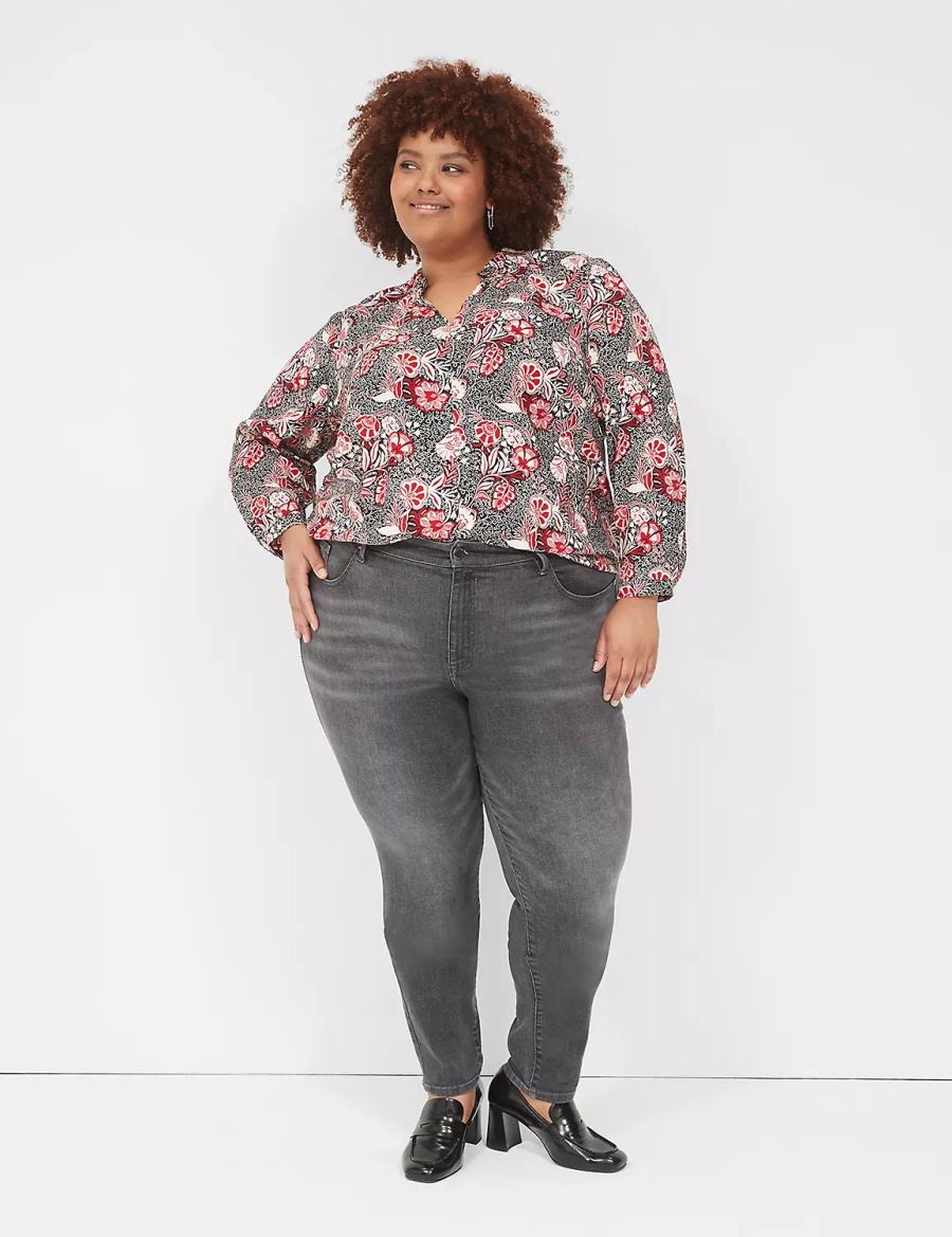 Women Lane Bryant Gathered Ruffle V-Neck Popover Shirts Red Black | QWL118ZW