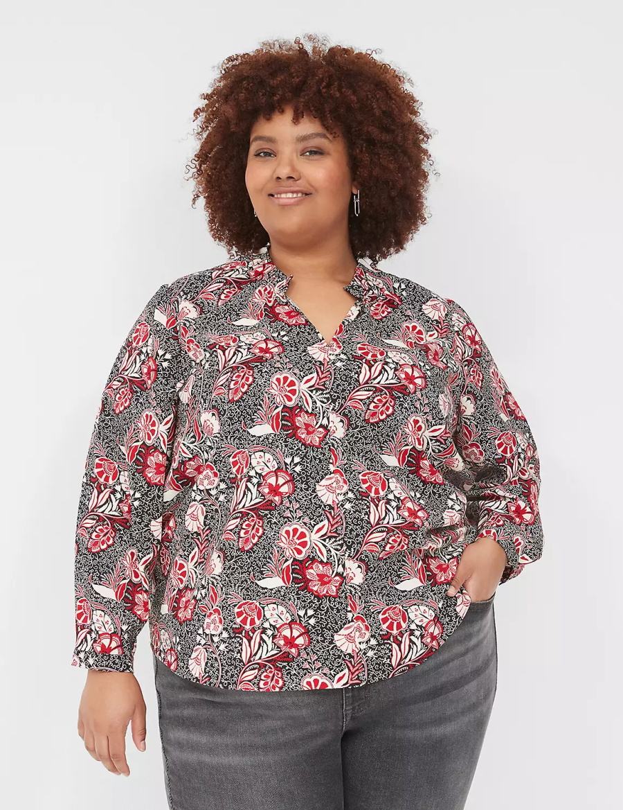 Women Lane Bryant Gathered Ruffle V-Neck Popover Shirts Red Black | QWL118ZW