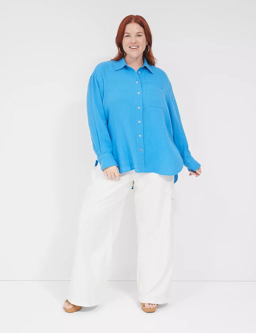 Women Lane Bryant Gauze Button-Down Beach Top Shirts Blue | BAN4455SE