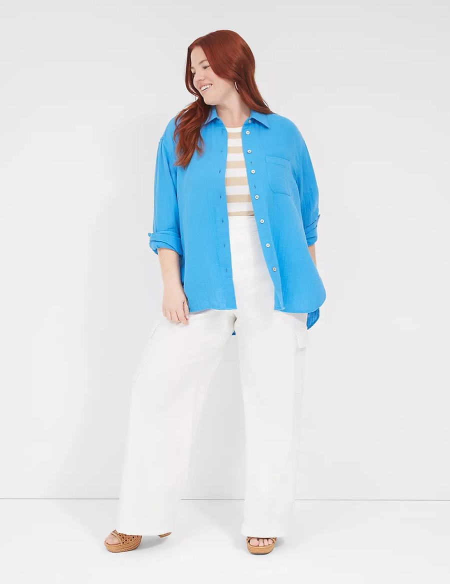 Women Lane Bryant Gauze Button-Down Beach Top Shirts Blue | BAN4455SE