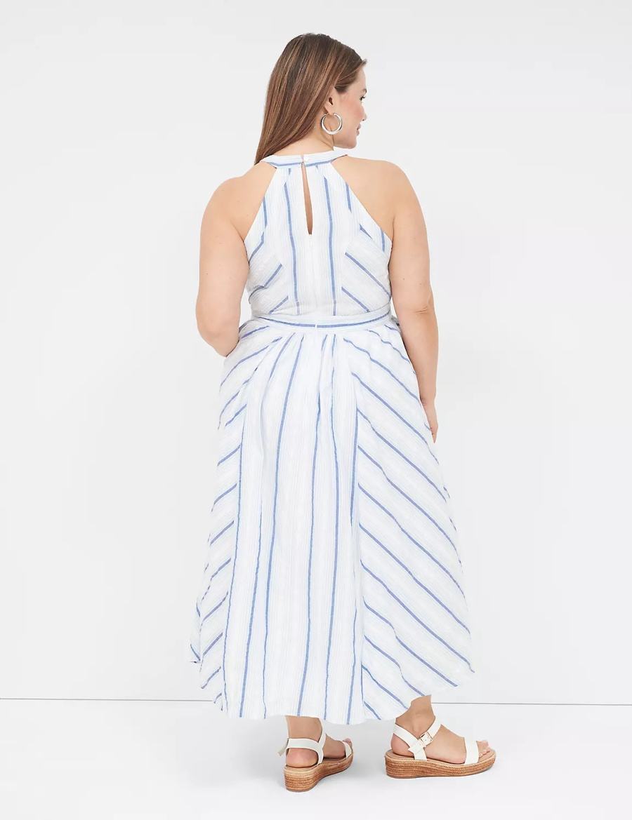 Women Lane Bryant Halter-Neck Maxi Dress White Blue | AAZ3862XM