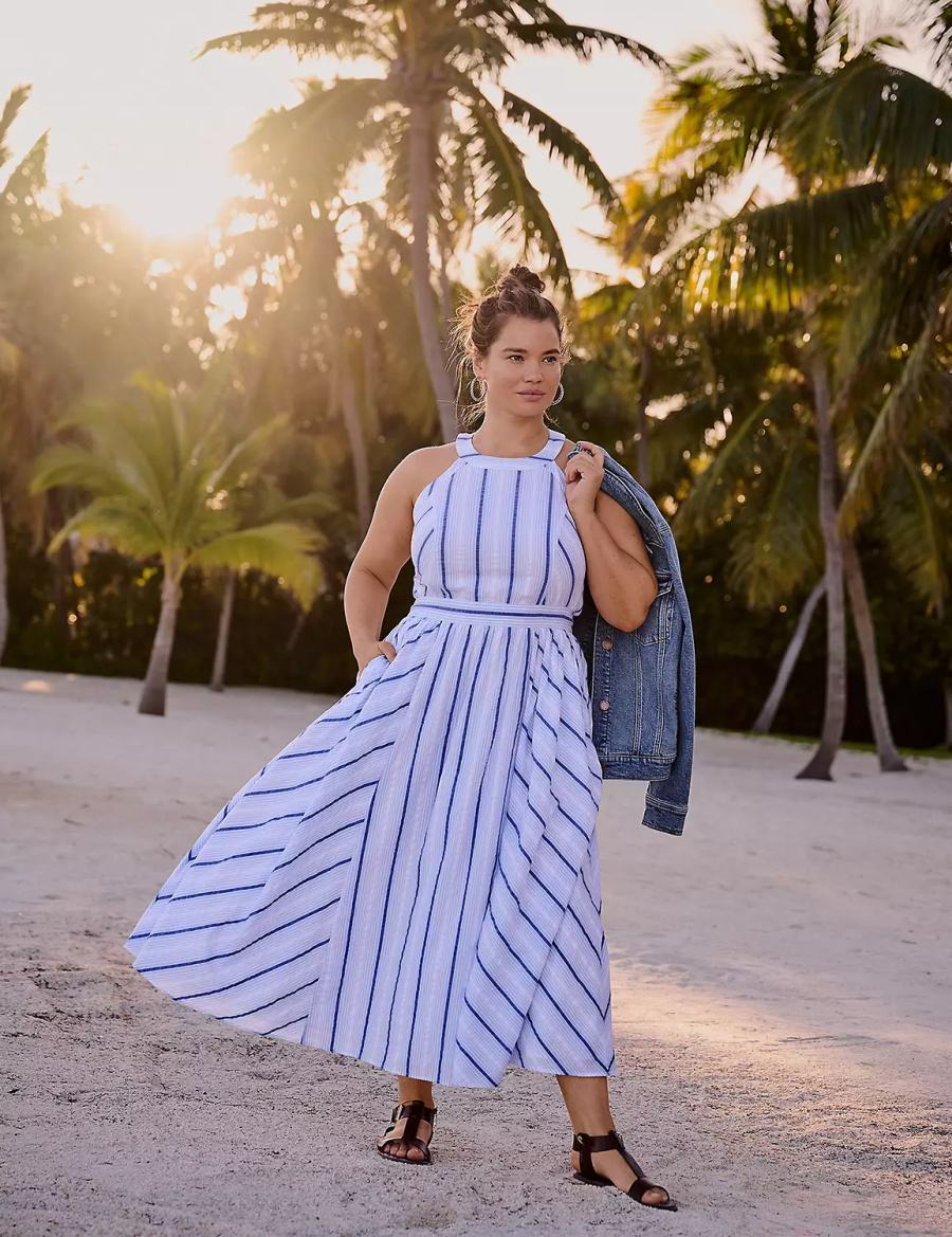 Women Lane Bryant Halter-Neck Maxi Dress White Blue | AAZ3862XM